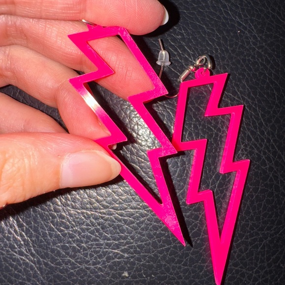 Bright Neon Pink Lightning Bolt Earrings - Eye-Catching Statement Piece - Picture 2 of 4